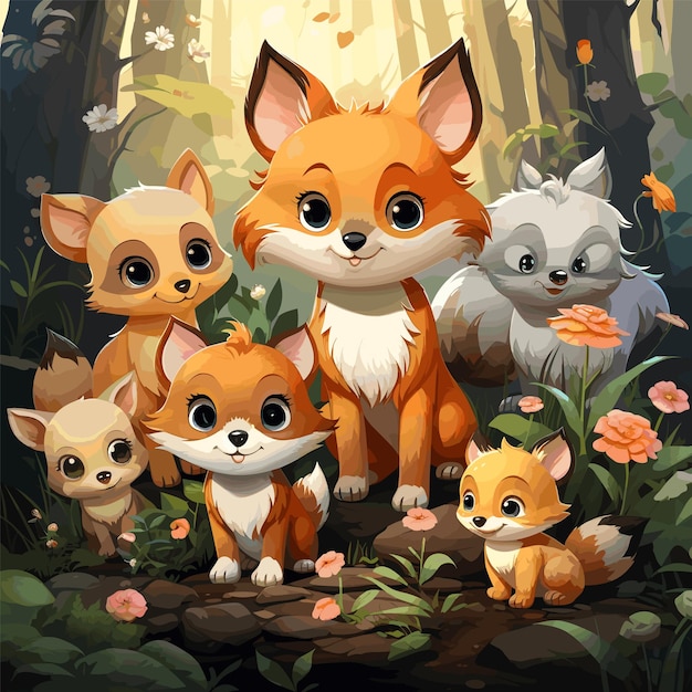 Cute animals in forest background vector illustration