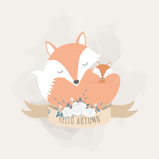 Vector cute animals for mother's day. foxes mom and baby.