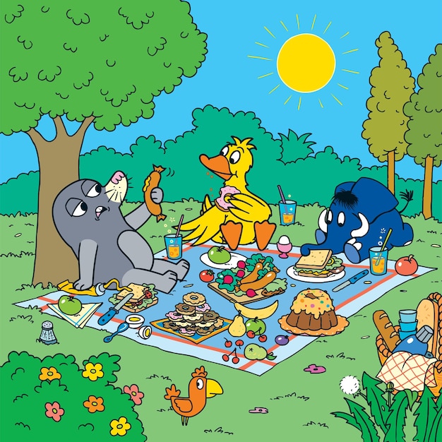 Cute animals on a picnic illustration with nature background landscape design