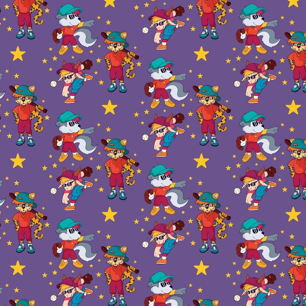 Cute Animals playing baseball seamless pattern for fabric textile and print