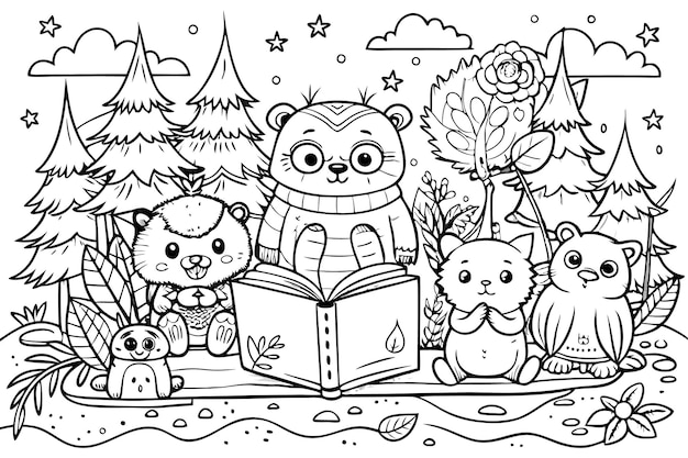 Vector cute animals reading a book in a forest