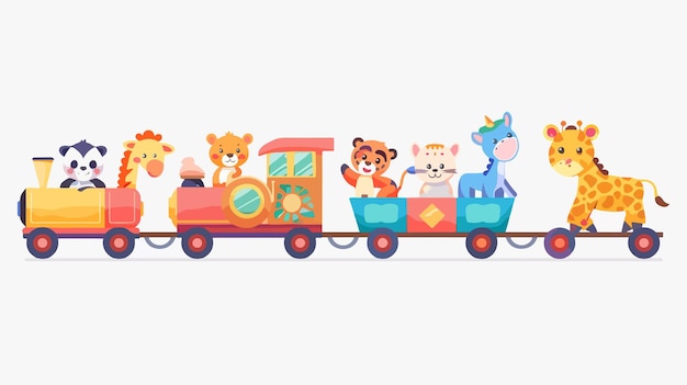 Vector cute animals riding fun zoo trains with toddlers