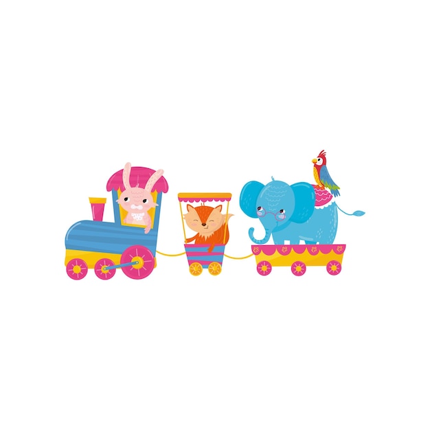 Cute animals riding on train Cartoon pink bunny orange fox big blue elephant and colorful parrot Zoo theme Flat vector design for children book or postcard