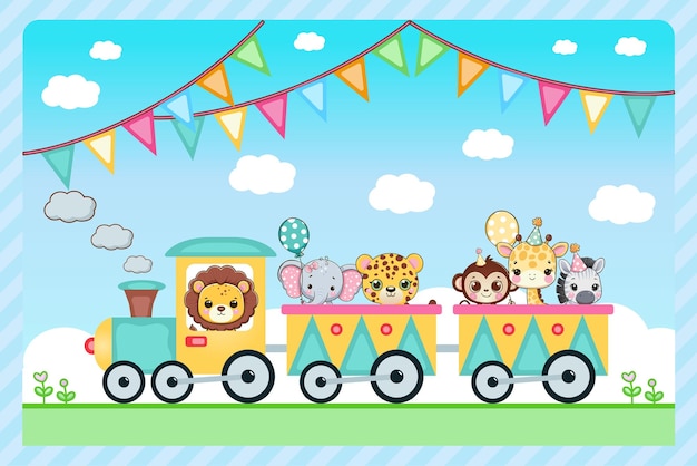 Cute animals safari baby on train birthday party