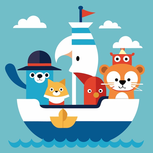 Vector cute animals sail on a boat in the ocean