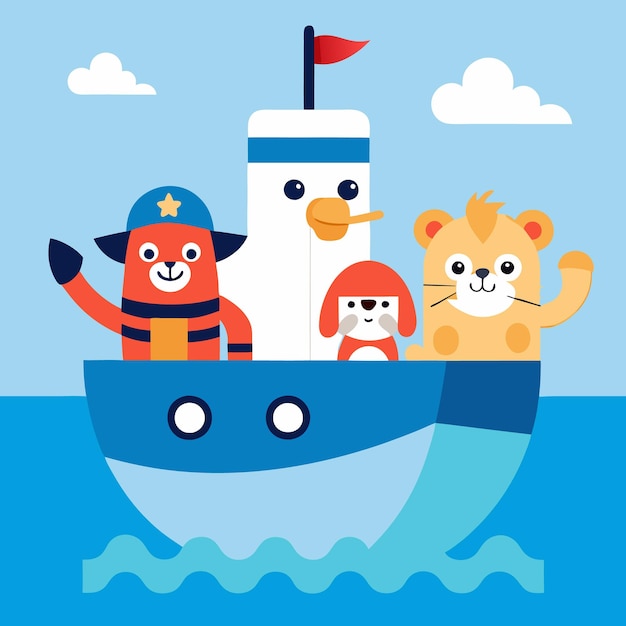 Vector cute animals sail on a boat in the ocean