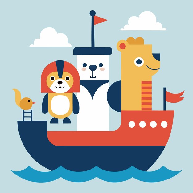 Vector cute animals sail on a boat with a bird on a ladder