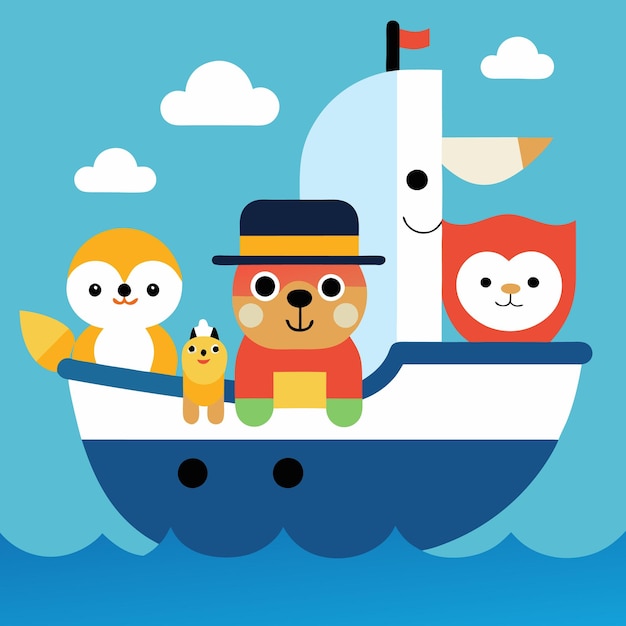 Vector cute animals sail on a boat with a smile adorable cartoon illustration