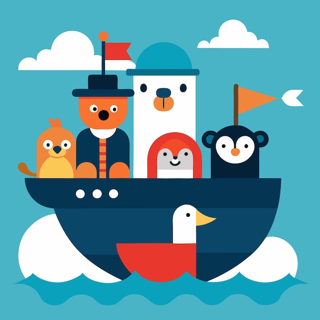 Vector cute animals sailing on a boat in the ocean