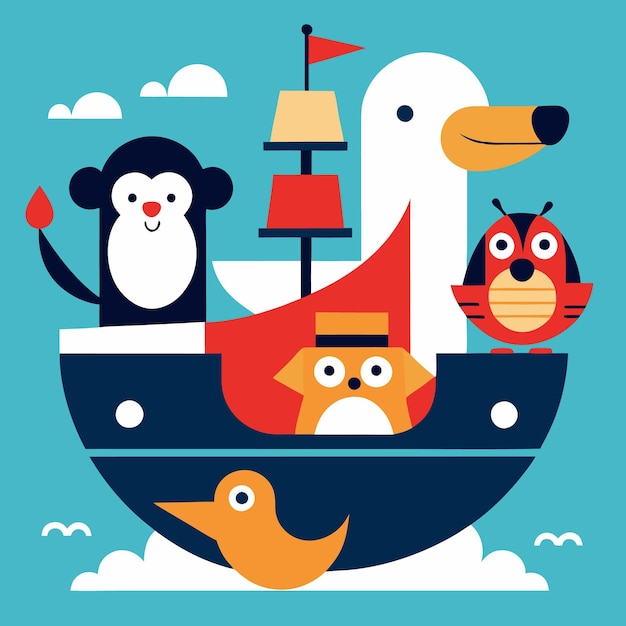 Vector cute animals sailing on a boat with clouds