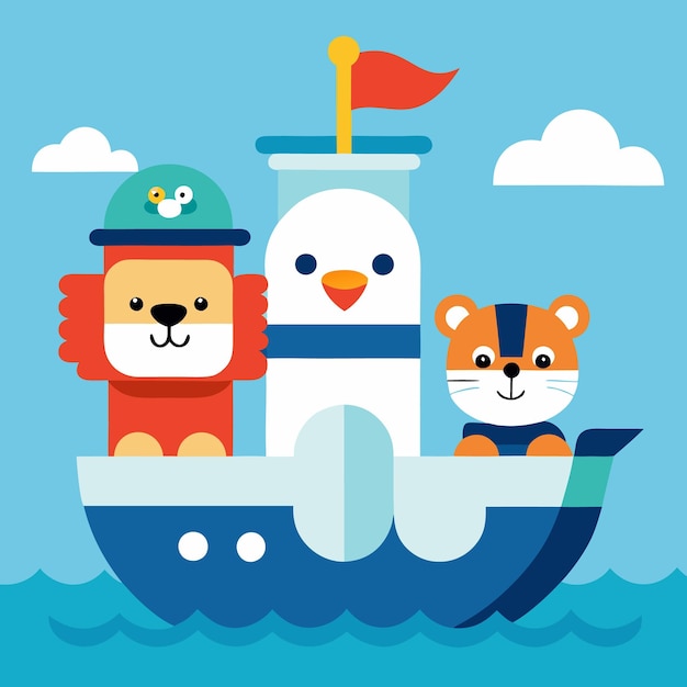 Vector cute animals sailing on a ship with a red flag