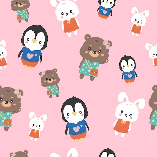 Cute animals seamless pattern on pink background