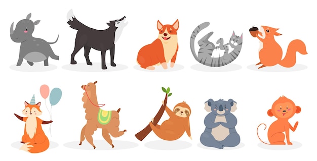 Cute animals set domestic pets and zoo or wild animals characters isolated collection