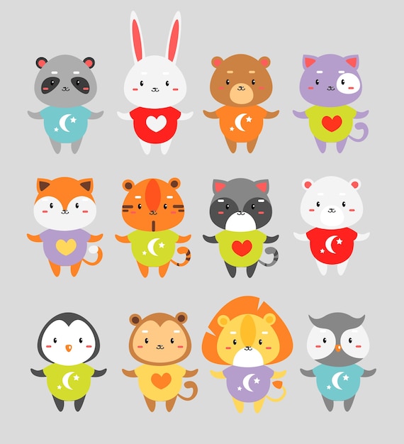 Cute animals set. Little rabbit, fox, tiger in color pajamas isolated cartoon characters.