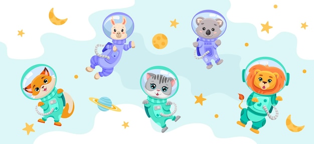 Cute animals set in open space with planets moon stars Astronauts in costumes for children banner