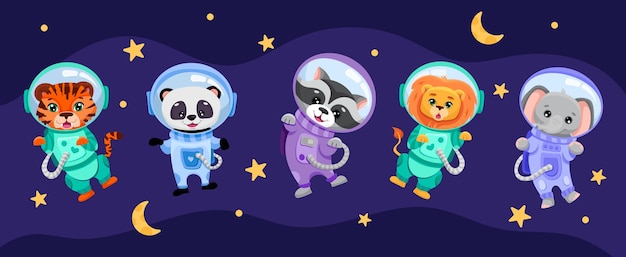 Cute animals set in open space with planets moon stars Astronauts in costumes for children banner