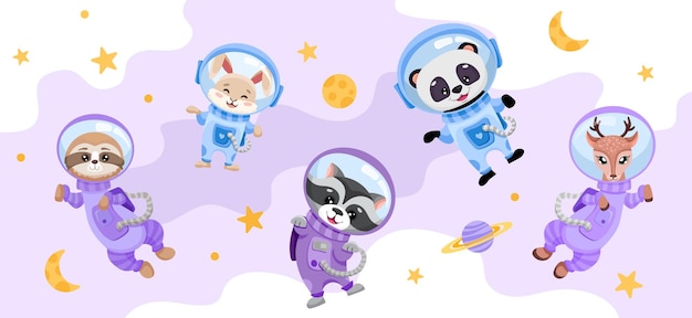 Cute animals set in open space with planets moon and stars Astronauts in costumes