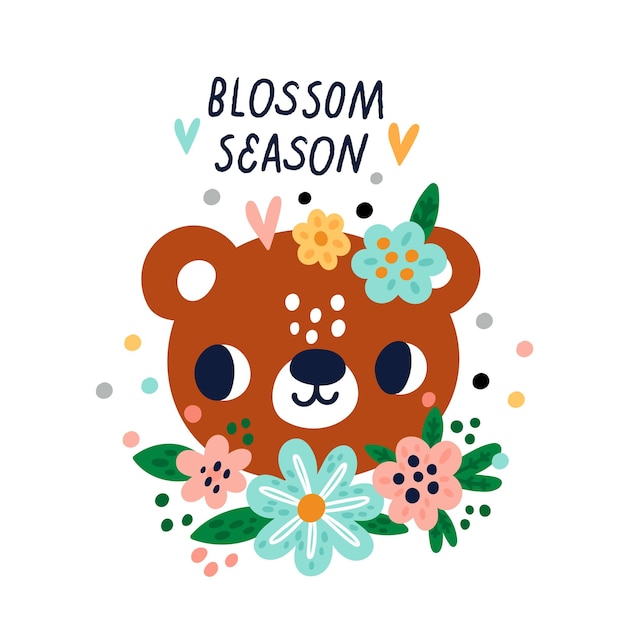 Cute animals spring card Cartoon bear face with floral wreath Springtime holiday Blossoms season Flowers and plant leaves Baby character Mammals muzzle Vector square kids banner