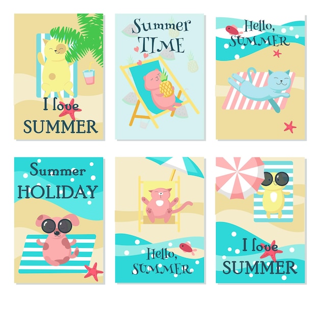 Cute animals taking rest on beach vector card set