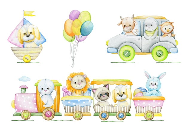 Cute animals train car boat balloons Watercolor set of cliparts in cartoon style but isolated background