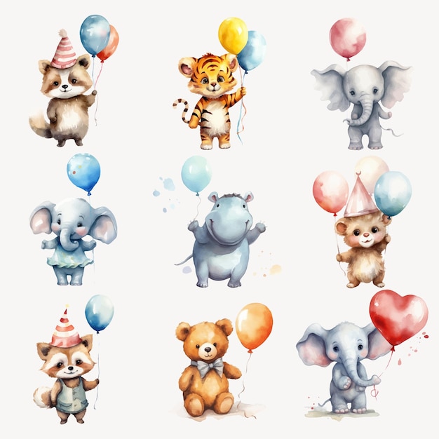 Vector cute animals with colorful balloons set