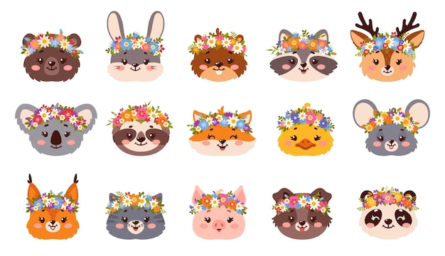 Cute animals with flower crowns and floral wreaths