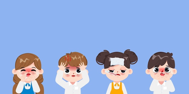 Cute animation children sick with discomfort symptom character. Vector children character design.