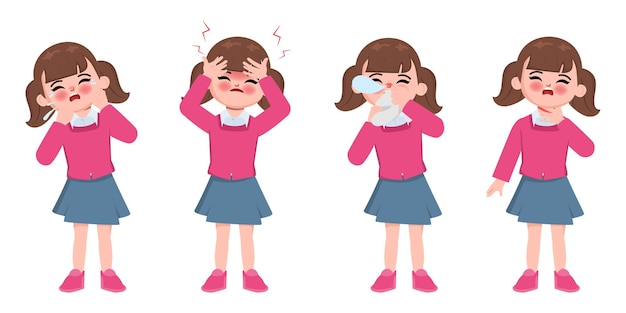 Cute animation children sick with discomfort symptom character