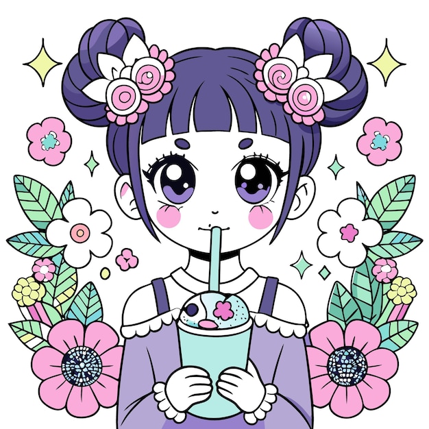 Vector cute anime girl with twin buns dressed in a pastel goth outfit sipping milk through a straw surro