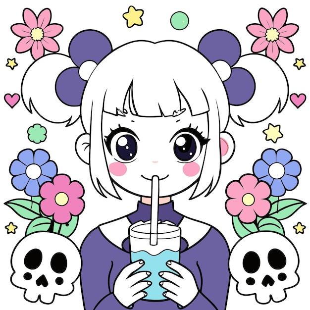 Vector cute anime girl with twin buns dressed in a pastel goth outfit sipping milk through a straw surro