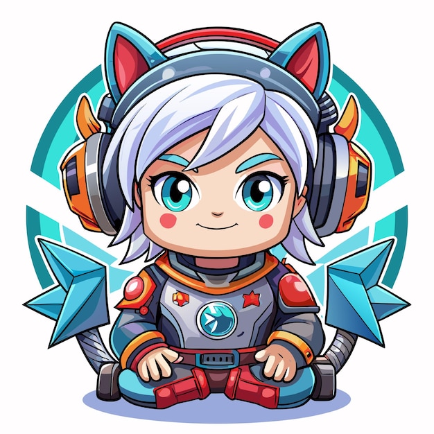 Vector cute anime girl with white hair blue eyes and headphones wearing a futuristic suit sitting with her legs crossed