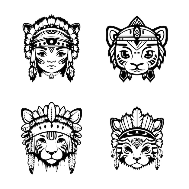 cute anime tiger head wearing indian chief accessories collection set hand drawn illustration