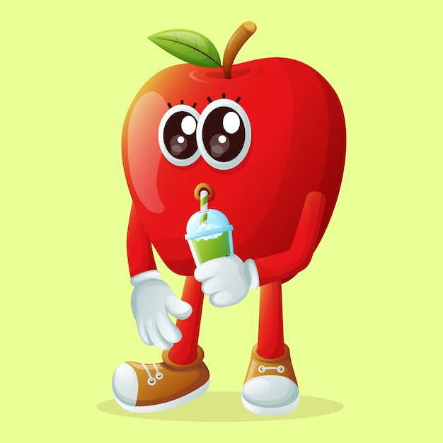 Vector cute apple character drinking a green smoothie with a straw