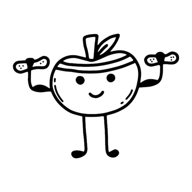 Cute apple with dumbbells Sports hobbies exercise Doodle style Vector apple in kawaii style Sports healthy apple The concept of doing sports