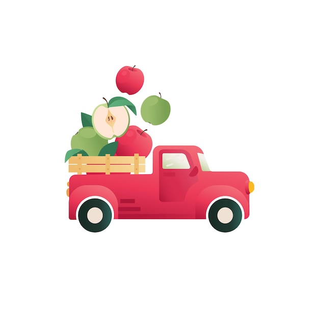 Cute Apples emblem concept Apples in a truck vector Icon Funny element for logo packaging print