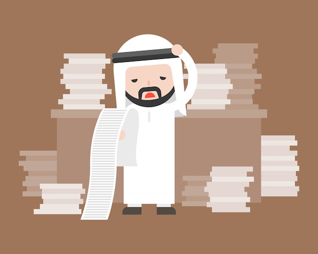 Cute arab business man stress and pile of document