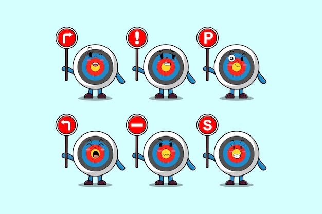 Cute Archery target cartoon character holding traffic sign illustration in modern 3d style design