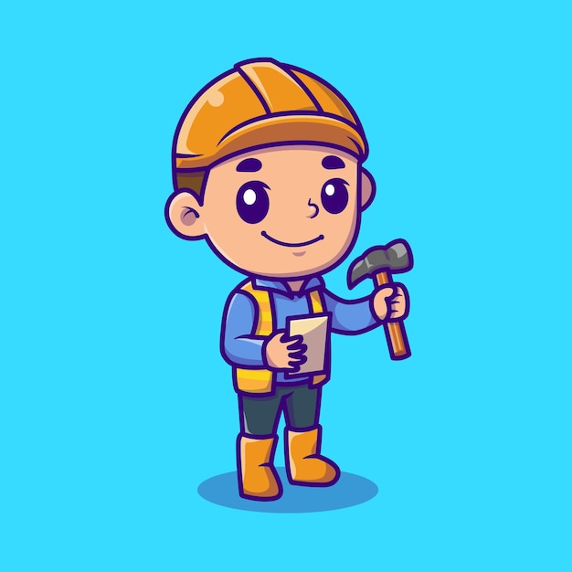 Cute Architect Holding Hammer Cartoon Icon Illustration. People Profession Icon Concept Isolated  . Flat Cartoon Style