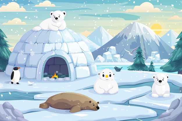 Cute Arctic Animals In Igloo