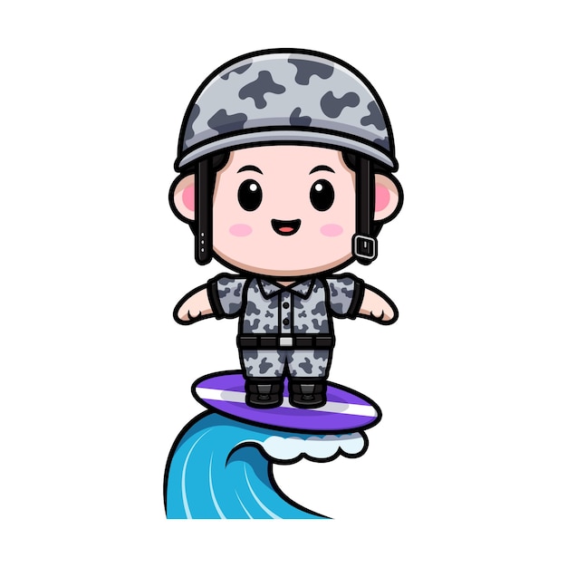 Cute army surfing cartoon character