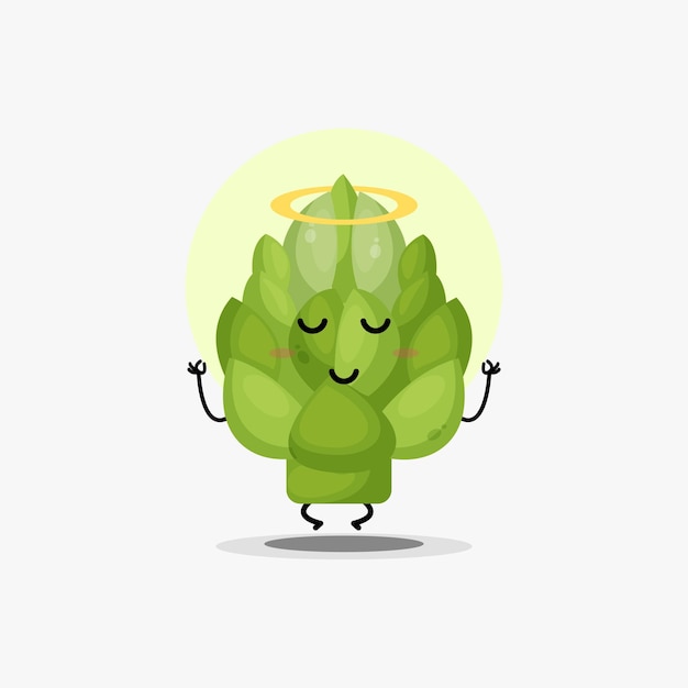 Cute artichoke vegetable character meditating in yoga pose