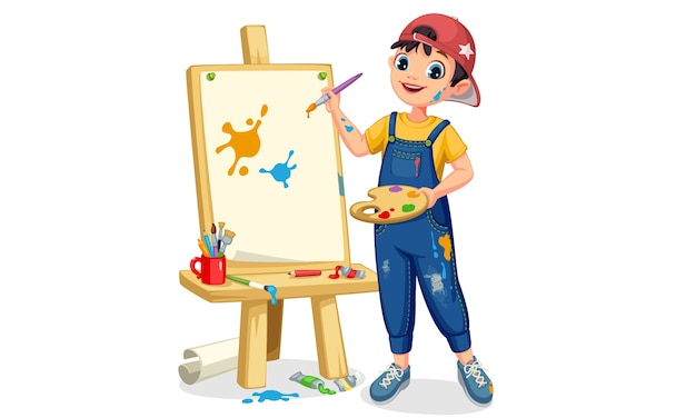 Cute artist little boy painting on canvas illustration