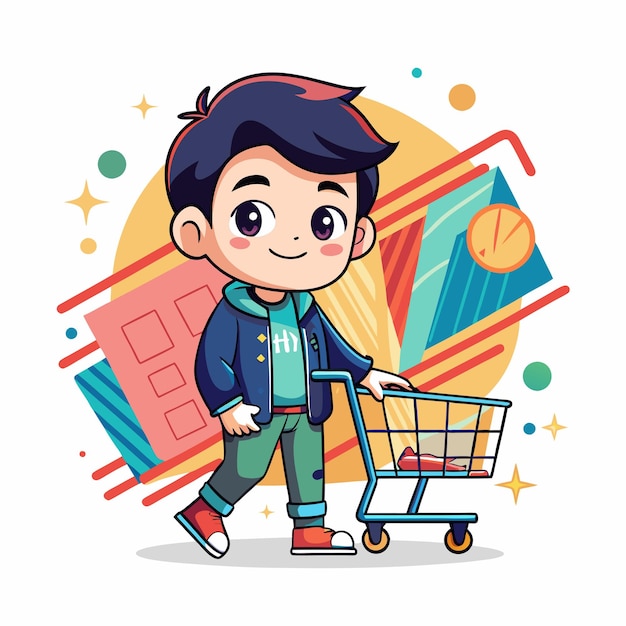 Cute Asian boy character carrying a shopping trolley