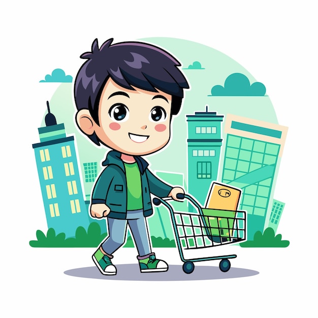 Cute Asian boy character carrying a shopping trolley