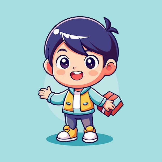 Cute Asian boy character give gifts