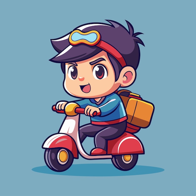 Cute Asian boy character ride a scooter