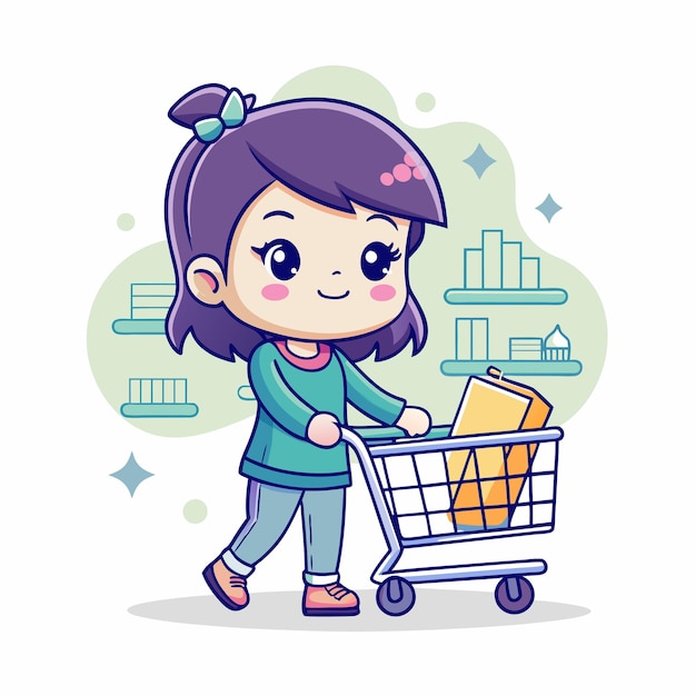 Cute Asian girl character carrying a shopping trolley