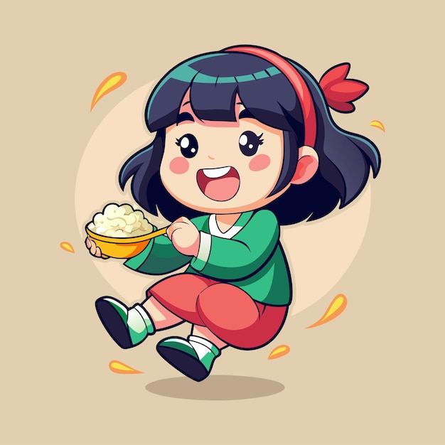 Cute Asian girl character eat rice