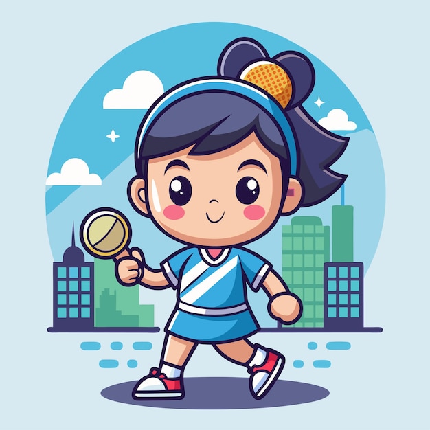 Cute Asian girl character playing playing tennis