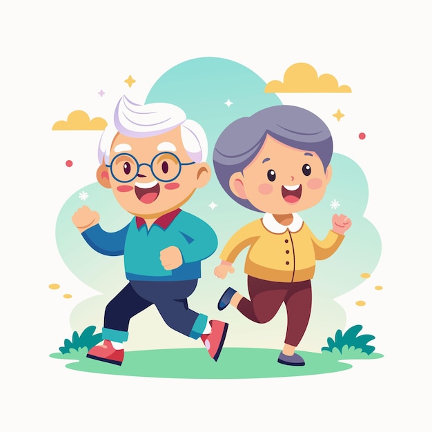 Cute Asian grandpa and grandma character running